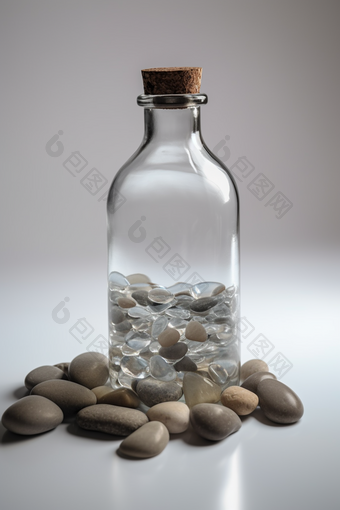 装满水和<strong>石头</strong>的玻璃瓶简洁清澈
