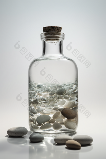装满水和<strong>石头</strong>的玻璃瓶内部白色