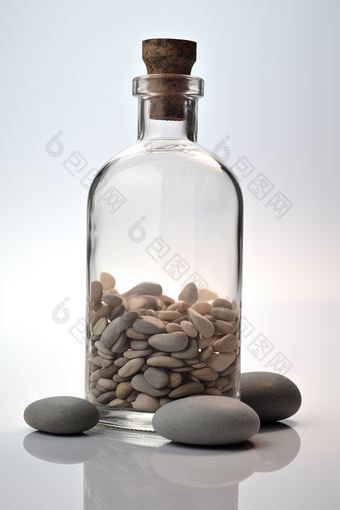 装满水和<strong>石头</strong>的玻璃瓶瓶子清澈