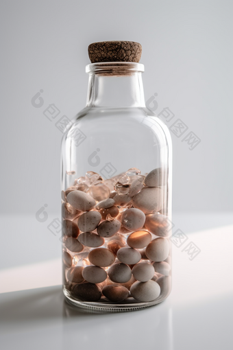 装满水和石头的玻璃瓶内部简洁
