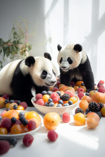 可爱大熊猫和水果小清新食物可爱宠物