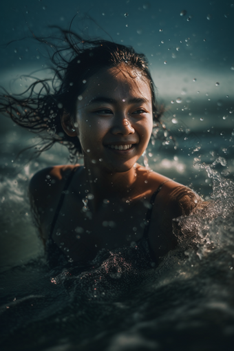 在海上嬉笑的女孩水中嬉戏游泳