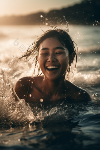 海里嬉笑的女孩水中嬉戏游泳