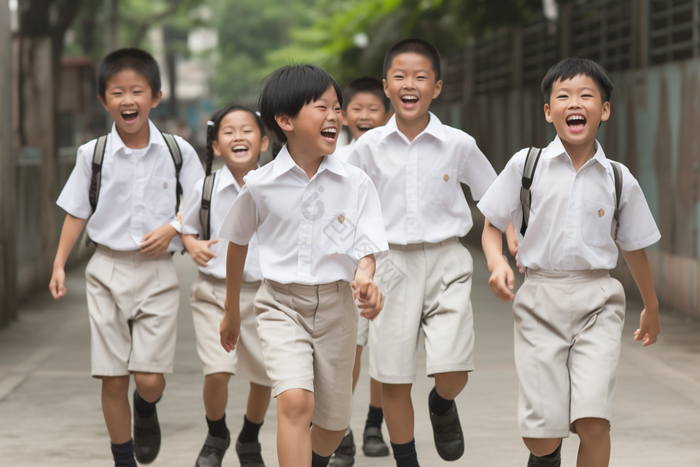 学生校服天真质朴大笑城市背景摄影图