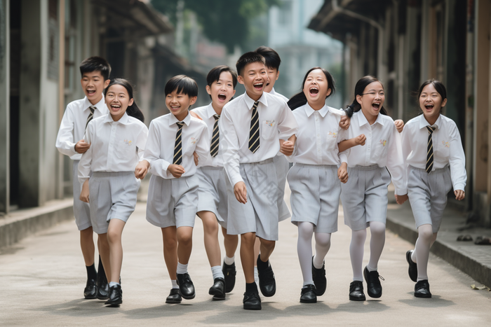 学生校服天真质朴大笑城市背景摄影图