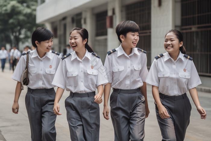 学生校服天真质朴大笑城市背景摄影图