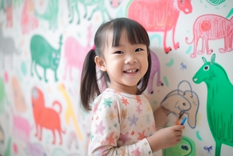 孩子童年涂鸦画笔艺术绘画儿童墙绘摄影图10