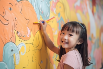 孩子童年涂鸦画笔艺术绘画儿童墙绘摄影图9