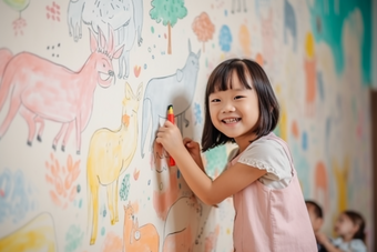 孩子童年涂鸦画笔艺术绘画儿童墙绘摄影图16