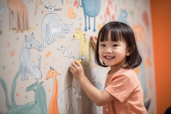 孩子童年涂鸦画笔艺术绘画儿童墙绘摄影图7