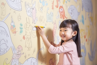 孩子童年涂鸦画笔艺术绘画儿童墙绘摄影图6