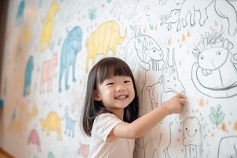 孩子童年涂鸦画笔艺术绘画儿童墙绘摄影图4