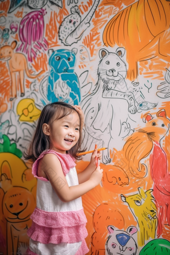 孩子童年涂鸦画笔艺术绘画儿童墙绘摄影图56