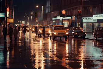 城市夜晚路灯夜景灯光雨季路面湿滑摄影图18