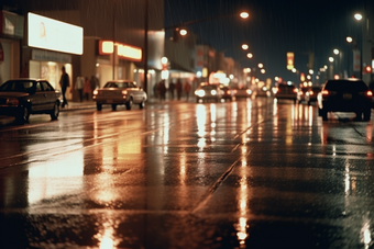 城市夜晚路灯夜景灯光雨季路面湿滑摄影图15