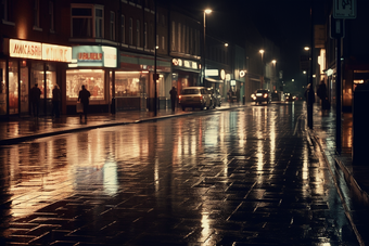 城市夜晚路灯夜景灯光雨季路面湿滑摄影图7