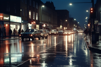 城市夜晚路灯夜景灯光雨季路面湿滑摄影图6
