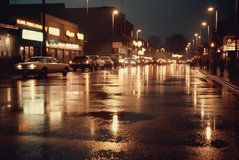 城市夜晚路灯夜景灯光雨季路面湿滑摄影图17