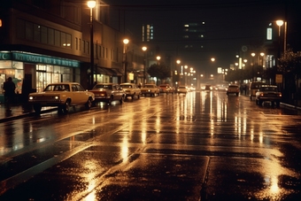 城市夜晚路灯夜景灯光雨季路面湿滑摄影图4