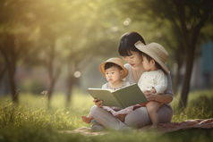 母亲和孩子在户外的草坪上阅读摄影图8