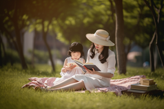 母亲和孩子在户外的草坪上阅读摄影图19