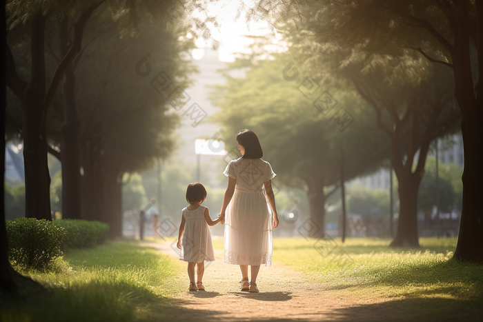 母亲和孩子户外散步场景摄影图9