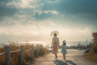 母亲和孩子海滩边散步<strong>场景户外</strong>活动母爱
