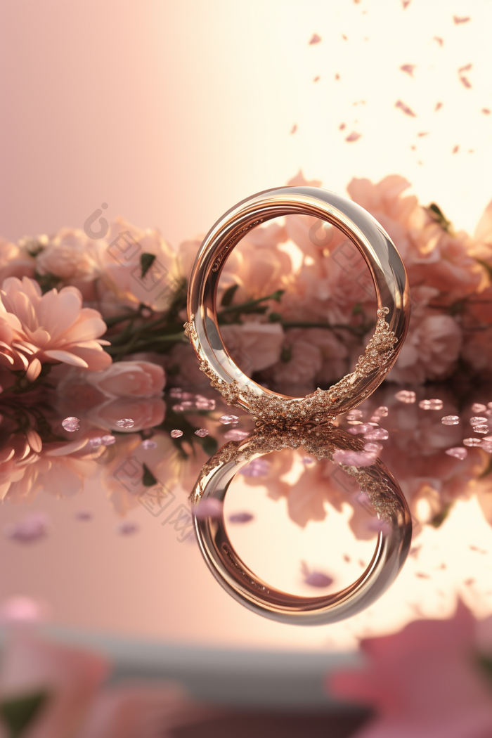 花丛中的精致戒指镜面反射珠宝