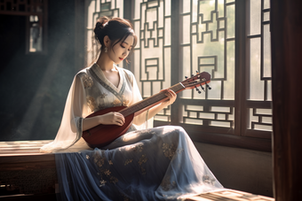 抱着古典乐器的古风女孩国潮中国风