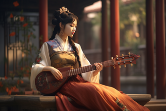 抱着古典乐器的古风女孩古典中国风