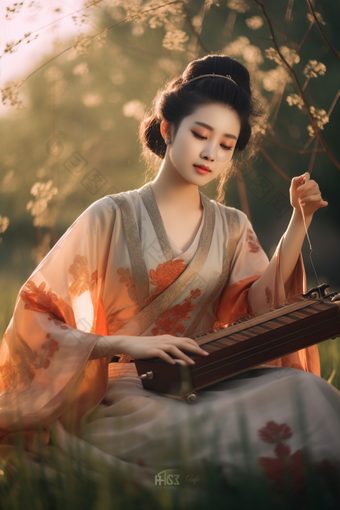 抱着古典乐器的古风女孩中国风温柔