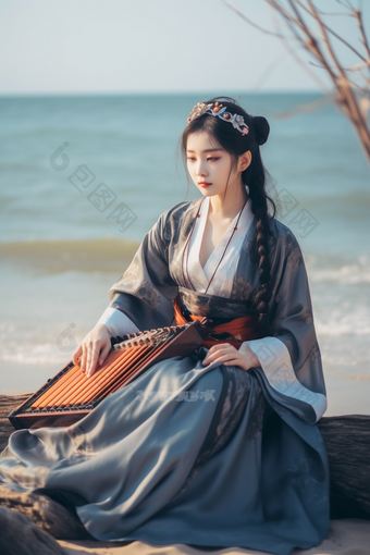 抱着古典乐器的古风女孩中国风海边