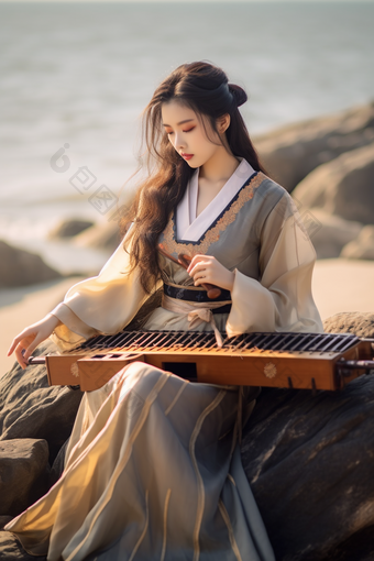 抱着古典乐器的古风女孩中国人文化