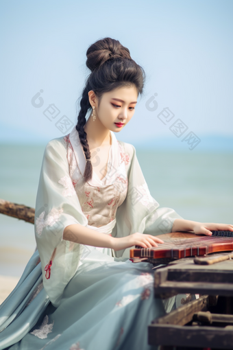 抱着古典乐器的古风女孩中国人国风