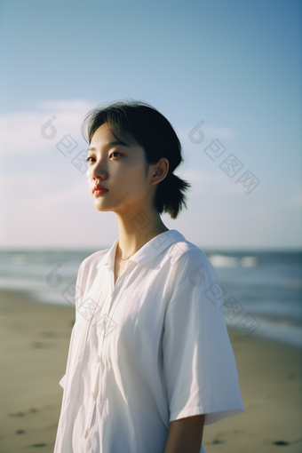 唯美海边穿白衬衫女孩人像摄影年轻<strong>亚洲</strong>