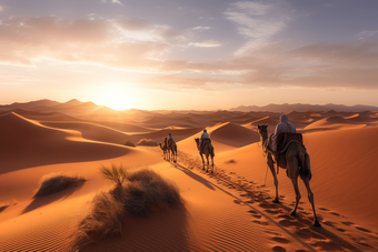 沙漠里的骆驼纵队骑行荒芜