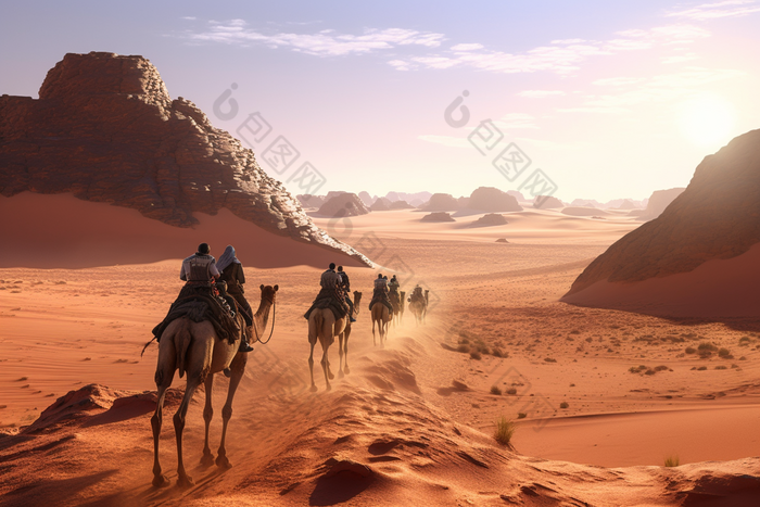 沙漠里的骆驼纵队骑行炎热
