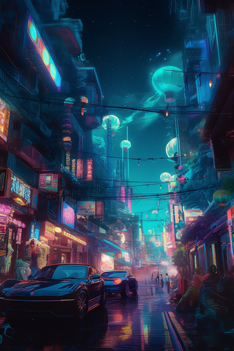 超现实主义的赛博朋克城市夜晚街道