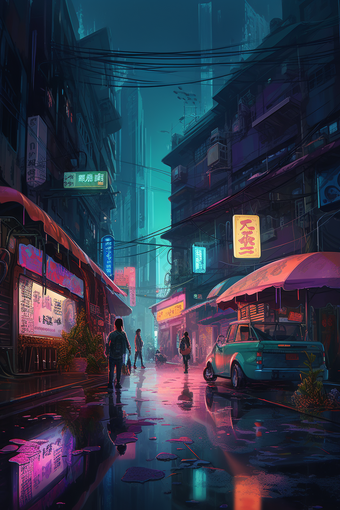 超现实主义的赛博朋克城市地面霓虹