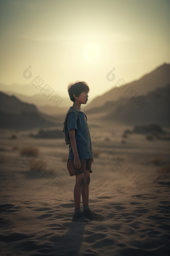 沙漠边凝视远方的男孩<strong>青春</strong>荒地
