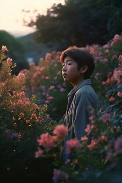 花丛中凝视远方的男孩摄影图2