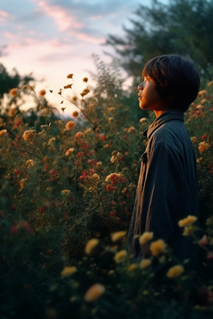 花丛中凝视远方的男孩摄影图18