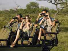 集团游客坐着吉普车双筒望远镜