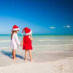 后视图可爱的女孩圣诞节帽子异国情调的海滩