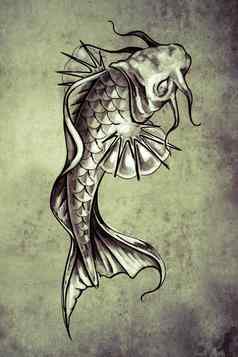 草图纹身艺术日本金鱼