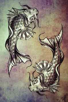 草图纹身艺术日本金鱼色彩斑斓的纸