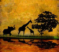 Safari非洲轮廓野生动物反射水