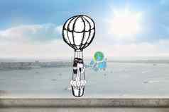复合图像女孩热空气气球吹地球泡沫