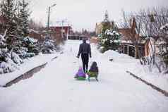 年轻的父亲卷可爱的女儿雪橇雪在户外