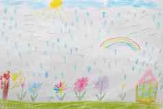 孩子们的画房子花彩虹